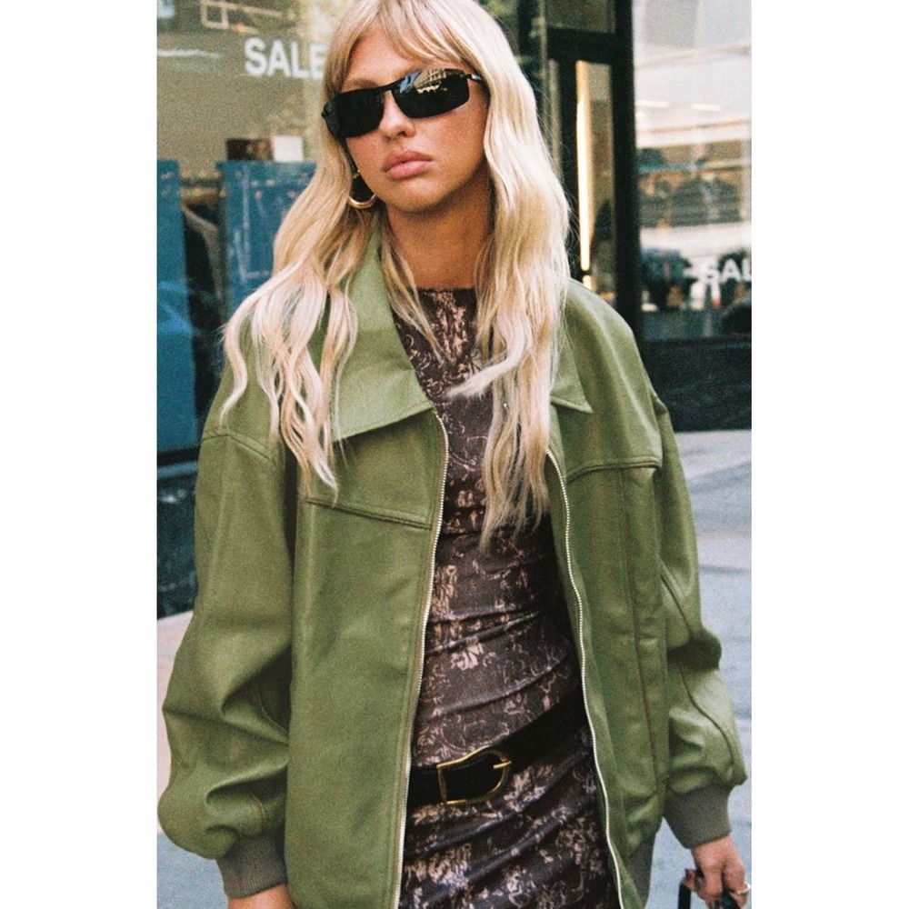 Princess Polly Olive Green Vegan Leather Bomber Jacket Sz12 Oversized slouchy
